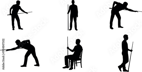 Billiards and Pool Player Silhouettes Vector Set, Cue Sport Action Poses.