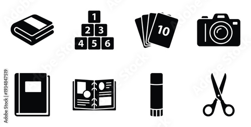 Set of activities vector icons about education, learning, game and creative projects theme