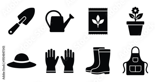 Set of vector icons representing gardening tools and supplies for growing flowers, plants, and vegetables