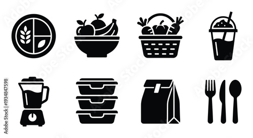 Set of vector icons representing healthy eating habits, nutritious diet, and balanced meals and food