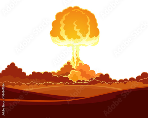 Stylized vector illustration of a massive nuclear explosion mushroom cloud.