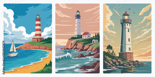 Seaside Lighthouse Artwork, Rocky Cliff Beach Scene with Blue Sky Sailboat Vintage Style Poster Design
