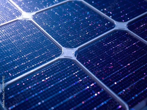  Macro View of Blue Solar Photovoltaic Cells with Sparkling Texture for Renewable Energy