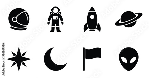 Space exploration equipment icons such as astronaut spaceship helmet planet star flag and alien