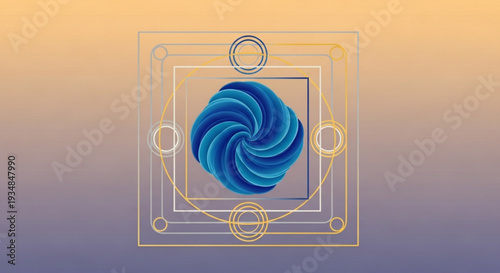 Blue swirling shape within geometric lines on gradient background
