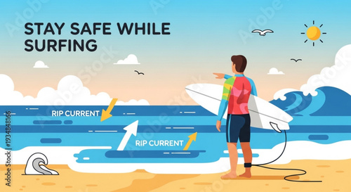 Man standing on beach pointing at ocean with surfboard warning of rip current while surfing