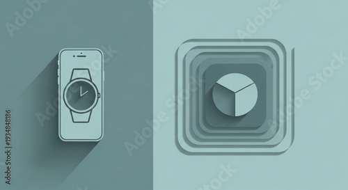 Smartwatch and pie chart on smartphone and app icons representing data analysis and wearable technology in a modern digital environment
