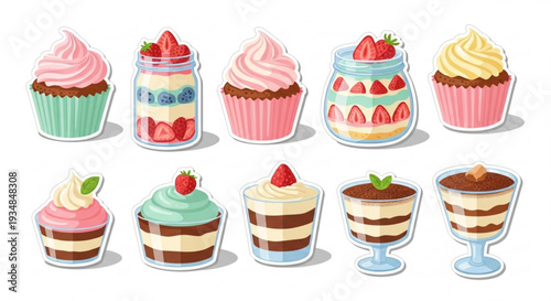 Assorted desserts with strawberries and cream cupcakes and mousse in glasses on white background