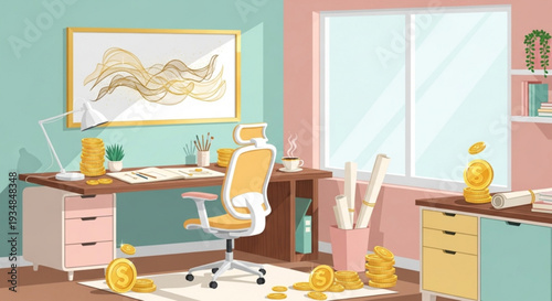 Cluttered office workspace with coins and papers on desk chair and floor messy interior with pastel colors and natural light