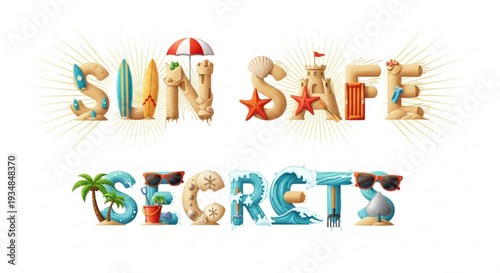 Sun safe secrets beach summer vacation concept with colorful text