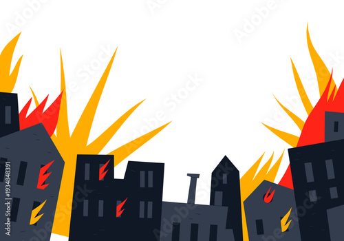 Stylized vector illustration of a city engulfed in flames and explosions.