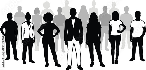 Silhouettes of Diverse Business People Standing Together Representing Teamwork, Leadership, Workforce Diversity, Inclusion, Corporate Unity Concept Success