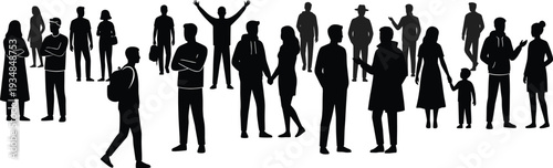 Silhouettes of diverse people standing together, crowd of men women and children, social community concept illustration isolated white background vector