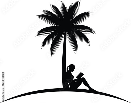 Silhouette woman reading book under palm tree peaceful island scene minimal black white vector illustration design tropical relaxation solitude nature