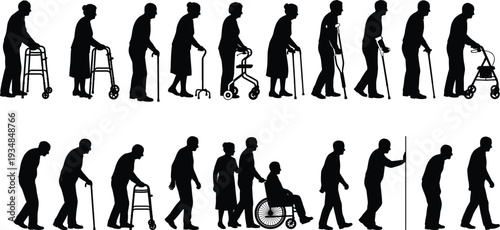 Silhouettes of Elderly People Using Walkers, Canes, and Wheelchairs Showing Aging Process, Mobility Support, Healthcare, and Senior Care Concept
