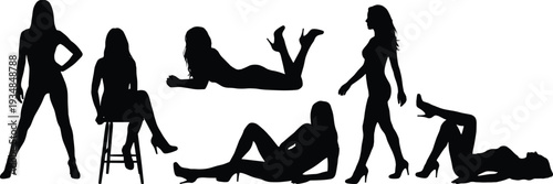 Silhouettes of Fashionable Women Posing in Studio Showing Elegance, Confidence, Modern Style, Glamour, and Female Body Art Concept