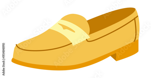 Yellow loafer shoe women flat. Strap front casual footwear for summer outfit cheerful feminine wardrobe. Technical fashion illustration CAD mockup smooth vector man unisex isolated trendy style.