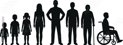 Silhouettes of People Across Life Stages Showing Family Generations, Diversity, Inclusion, Aging, Disability, and Human Life Cycle Concept
