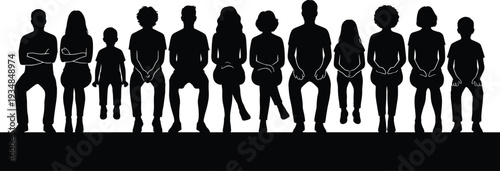 Silhouettes of People Sitting Together Showing Multiple Generations, Family Diversity, Social Inclusion, Community Unity, and Human Life Stages Concept