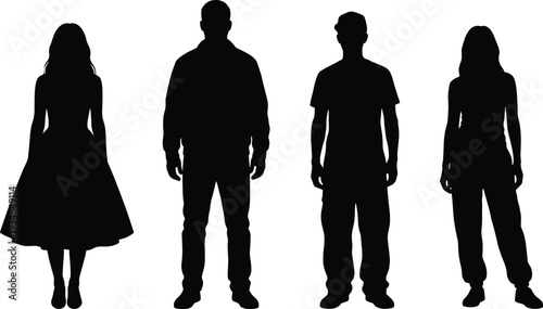 Standing people silhouettes front view, diverse men and women figures, modern human body shapes isolated on white background vector illustration