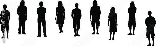 Standing people silhouettes lineup isolated on white background, diverse male female adult child figures, minimal black shadow illustration design concept