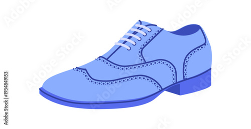 Brogue mens blue flat wingtip shoe. Perforated leather footwear with classic wingtip detail smart casual office style. Technical illustration CAD mockup vector outline isolated on white background.