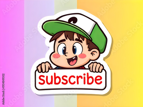 Little boy wearing green cap holding white subscribe board sticker on colorful background