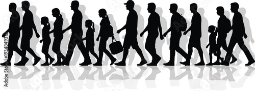 Walking people silhouettes showing men women and children in daily movement, side view crowd flow, black vector illustration isolated white background