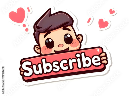 Cartoon boy character holding pink subscribe button sign with floating hearts sticker icon