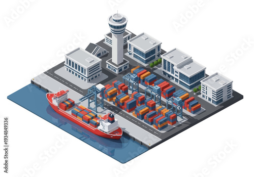 A lowpoly illustration of a cargo ship at a port with stacked containers buildings and a control tower