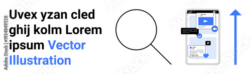 Data analysis, user experience, technology interface, mobile application, online communication, digital analysis. Magnifying glass and smartphone screen with digital elements. Data analysis and user
