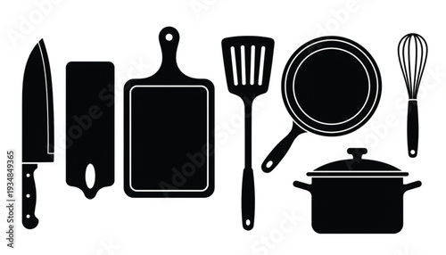 Black Silhouette Kitchen Utensils Set with Knife Cutting Board Pan and Pot