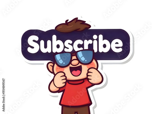 Cool cartoon boy with sunglasses holding a dark subscribe sign for online content