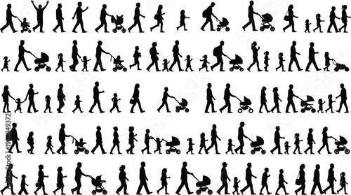 Walking people silhouettes showing parents children and strollers, daily life movement, family activities, black vector illustration isolated white background
