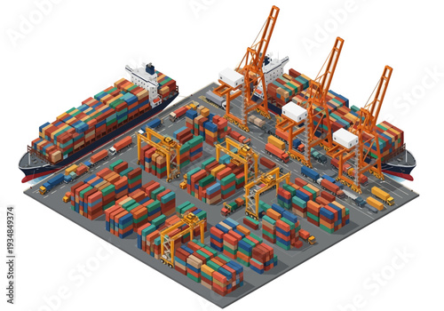 A port scene Two container ships at docks Numerous containers and cranes fill the area Trucks are present