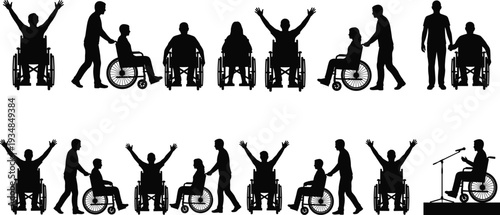 Wheelchair user silhouettes with caregivers and assistants, isolated black figures representing disability support, accessibility, inclusion, independence, rehabilitation and human care