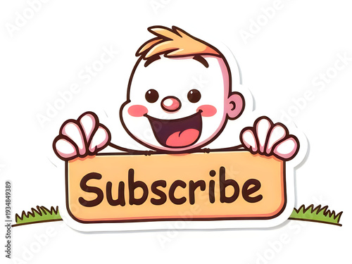 Cute baby cartoon with big eyes holding a yellow subscribe sign over green grass