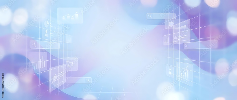 Obraz premium Abstract technology background with geometric shapes and soft bokeh lights in purple and blue gradient colors for digital design projects.