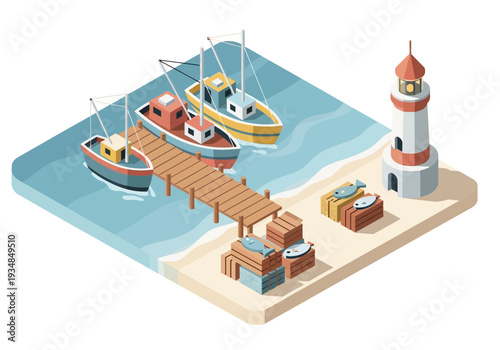 An isometric view of a harbor scene with fishing boats a pier a lighthouse and crates of fish on the shore