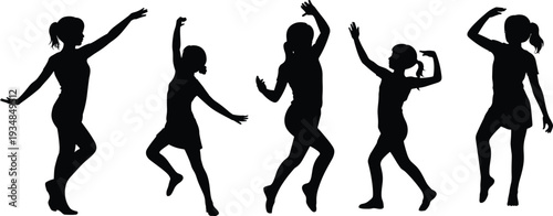 Women dancing silhouettes collection, energetic female performers in dynamic poses, celebration movement concept, isolated black figures on white background