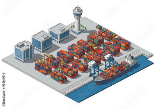 An isometric view of a container port including a ship buildings and stacked containers