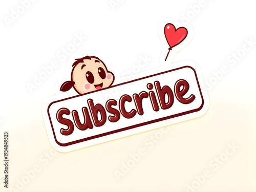 Adorable cartoon baby mascot peaking over subscribe banner with red heart balloon element