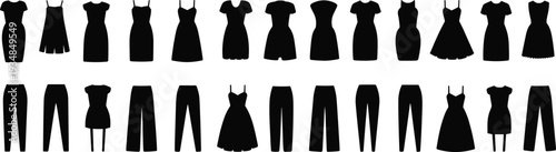 Women fashion silhouettes set, elegant dresses and pants collection, stylish apparel illustration isolated black clothing items on white background