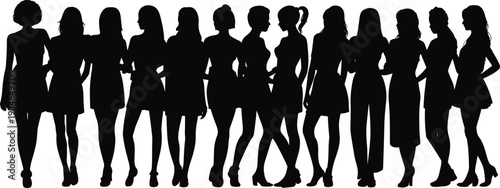 Women silhouettes group standing, fashionable female collection, stylish girls lineup, lifestyle concept, elegance beauty, modern diversity, isolated black figures illustration