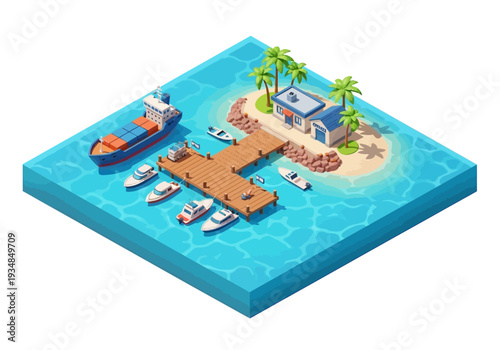 An isometric view of an island with a pier several boats a cargo ship buildings and palm trees