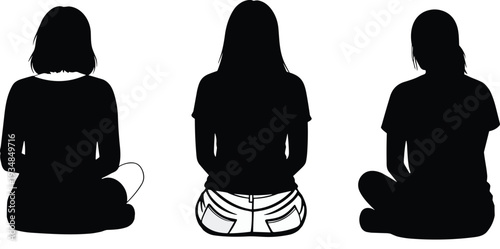 Women, sitting, silhouettes, back, view, female, posture, calm, meditation, yoga, relaxation, mindfulness, peaceful, pose, lifestyle, isolated, white, background, illustration, set