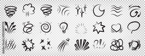 Hand drawn comic effect manga elements set on transparent background as png. Cartoon doodle anime icons with arrows, bubbles, sparks, lightning hearts motion. Vector sketch for expressive emoji speech