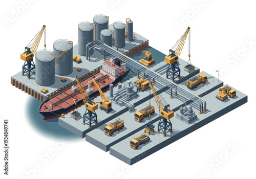 An isometric view of an oil port featuring a tanker cranes storage tanks pipelines and trucks