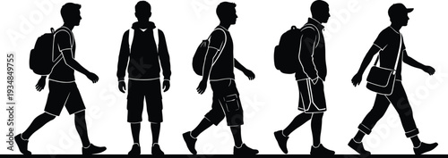 Young men walking silhouettes with backpacks, student and traveler movement collection, casual lifestyle people illustration isolated on white background vector