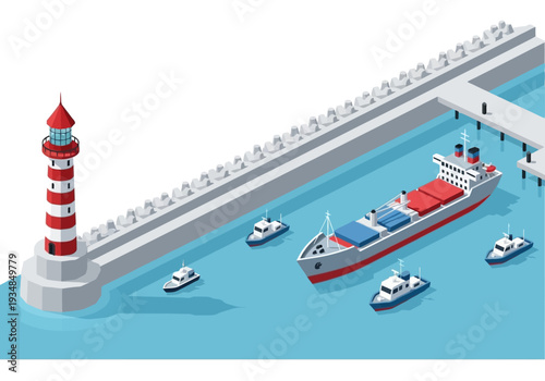Illustration depicts a port scene A lighthouse cargo ship and several small boats are in the water near a breakwater